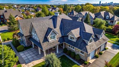 Aerial perspective of modern residential building with slate and asphalt roofing shingles, flying above suburban house, serene blue sky background.