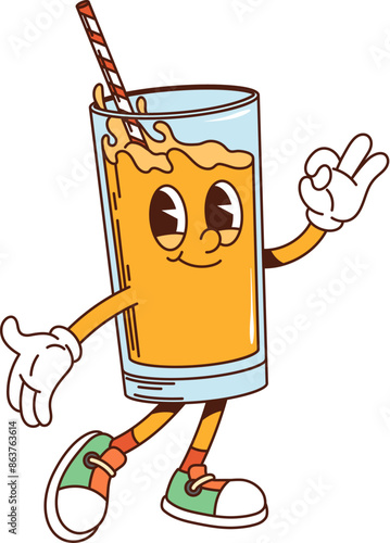 Cartoon juice glass retro groovy breakfast character with a smiling face, a straw and making an ok sign with one hand. Isolated vector glass of drink wearing shoes and looks refreshing and energetic
