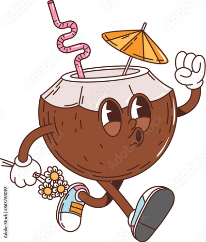 Retro groovy coconut drink character with pink curly straw and a small orange umbrella. Isolated vector coco nut with expressive eyes, walking with a determined look, holding a small bunch of flowers