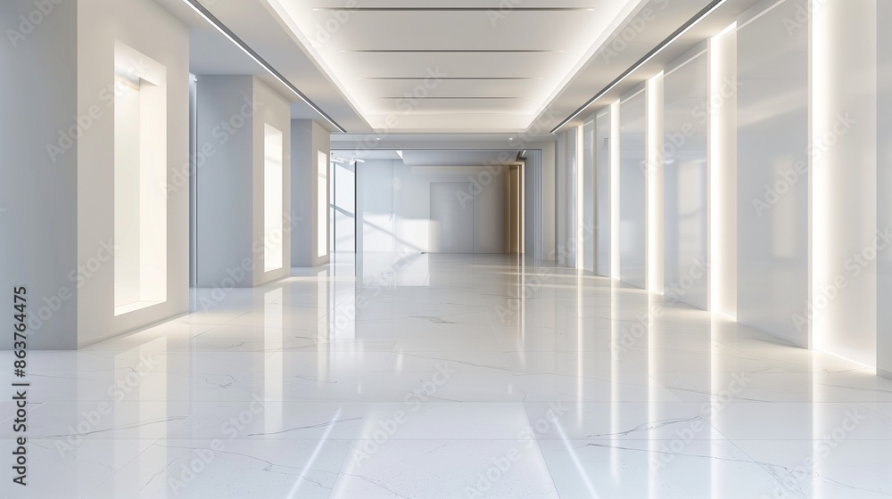 © Sana - An empty light room with a floor of white, polished porcelain and a series of recessed wall niches