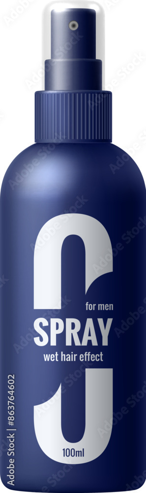 Hair spray package, men cosmetic product bottle for wet hair effect. Realistic 3d vector mockup of blue, stylish, modern cosmetics packaging for male hair care routines, grooming or salon procedures Hair spray package, men cosmetic product bottle for wet hair effect. Realistic 3d vector mockup of blue, stylish, modern cosmetics packaging for male hair care routines, grooming or salon procedures