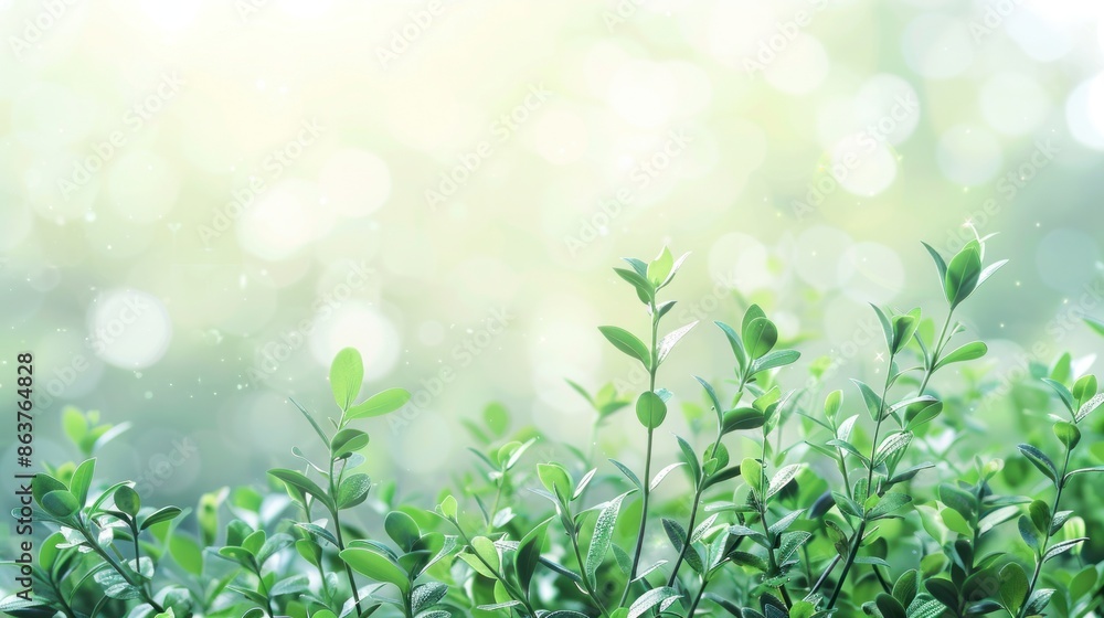 An abstract blurred background of green plants against a white sky with bokeh light, ideal for a minimalist An abstract blurred background of green plants against a white sky with bokeh light, ideal for a minimalist