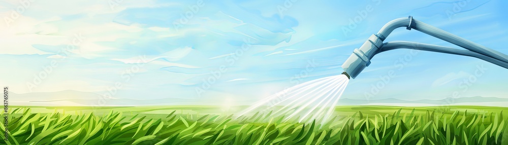 Farming irrigation system watering a green agricultural field under a clear blue sky on a sunny day, promoting healthy crops and cultivation. Farming irrigation system watering a green agricultural field under a clear blue sky on a sunny day, promoting healthy crops and cultivation.