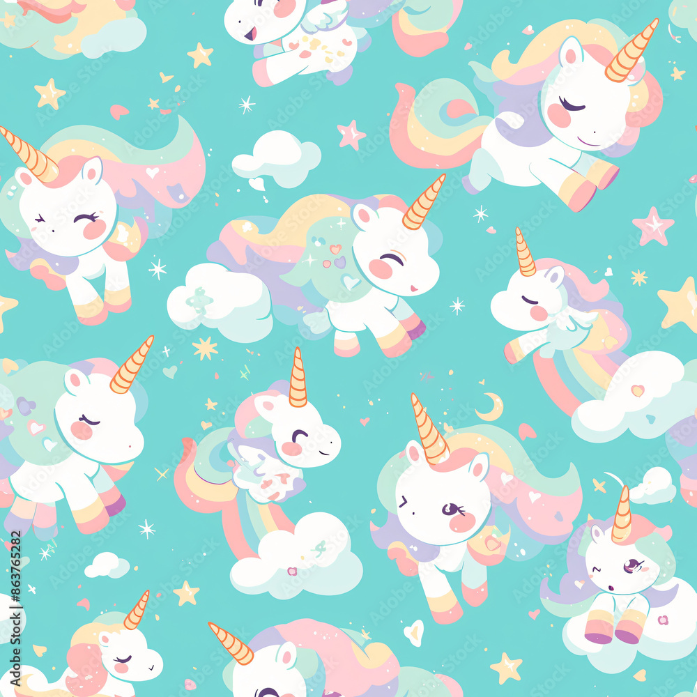Cute Unicorn Pastel Stars Clouds Seamless Background Cute Unicorn Pastel Stars Clouds Seamless Background