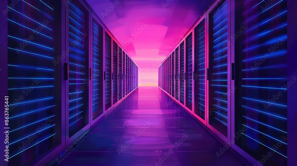 Futuristic data center with vibrant neon lights illuminating rows of server racks, symbolizing advanced technology and digital infrastructure. Futuristic data center with vibrant neon lights illuminating rows of server racks, symbolizing advanced technology and digital infrastructure.