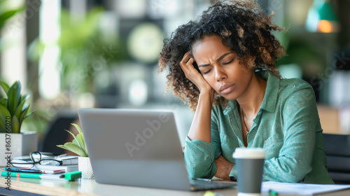 Stressed businesswoman in office with head in hand,  conveying frustration and fatigue. photo