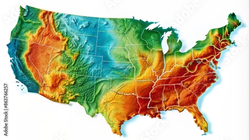 A detailed topographic map of the United States with vibrant colors and precise geographical features on a white background.