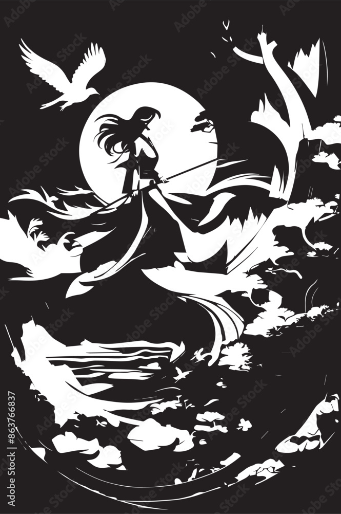 Chinese style dragon in the water with a warrior girl black and white Chinese style dragon in the water with a warrior girl black and white