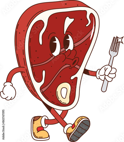 Steak retro groovy barbeque grill character. Isolated cartoon vector slice of meat, whimsical food personage walking with a fork in hand and whistling funny melody, ready for outdoor summer bbq picnic