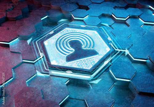 User icon creativity concept engraved on metal hexagonal pedestral background. Social media symbol glowing on abstract digital surface. 3d rendering