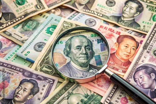 Magnifying glass on pile of asian leading country new emerging market money banknotes, indian rupee, chinese yuan and japanese yen, searching for yield