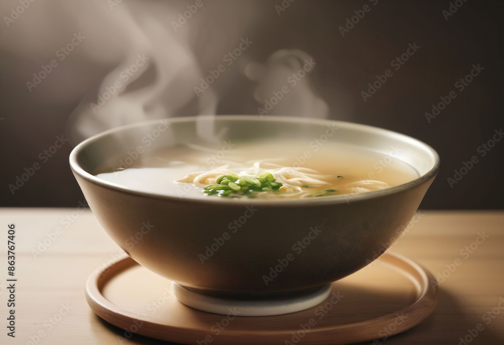 A steaming bowl of miso soup, blurred background A steaming bowl of miso soup, blurred background