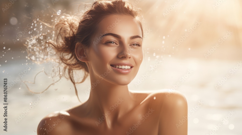 Young woman with tied-back hair smiling outdoors in bright sunlight. Water droplets and sunrays create a fresh, vibrant atmosphere, highlighting her natural beauty Young woman with tied-back hair smiling outdoors in bright sunlight. Water droplets and sunrays create a fresh, vibrant atmosphere, highlighting her natural beauty