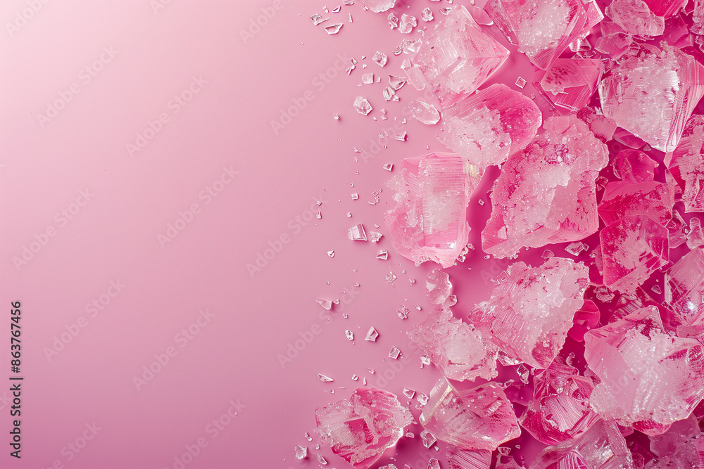 Pieces of broken ice on pink background, top view Pieces of broken ice on pink background, top view