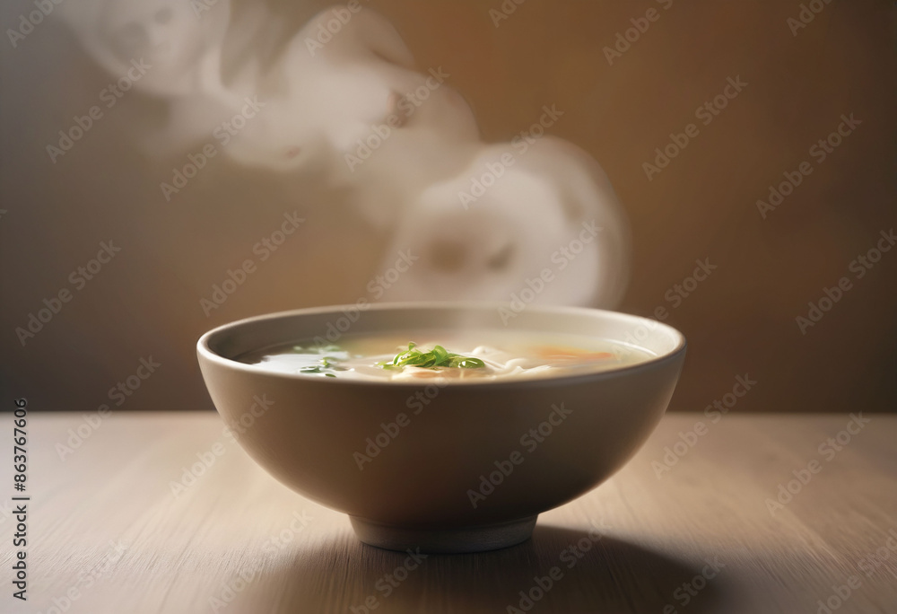 A steaming bowl of miso soup, blurred background A steaming bowl of miso soup, blurred background