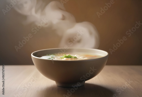 A steaming bowl of miso soup, blurred background