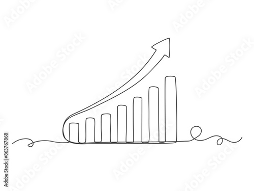 Growing graph up chart in continuous one line drawing isolated vector illustration.