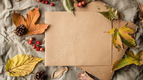Autumn themed sketchbook with brown paper colorful leaves and hawthorn berries on linen background photo