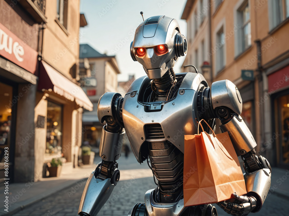 A charming robot holds a shopping bag A charming robot holds a shopping bag