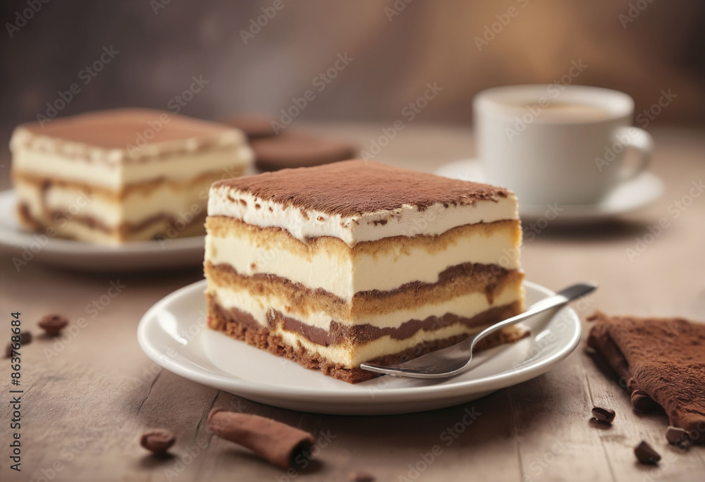 A tiramisu dessert, blurred background A tiramisu dessert, blurred background