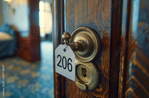 Room Number 206 Door With Brass Knob and Tag in Hotel