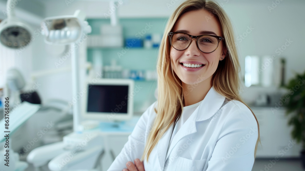 Smiling female dentist in clinic. Smiling female dentist in clinic.
