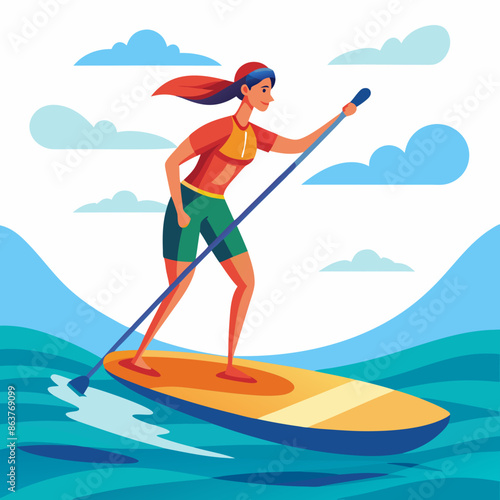 Beautiful young woman in a swimsuit riding a stand-up paddle board. Summer water sports activities. Vector isolated cartoon illustration
