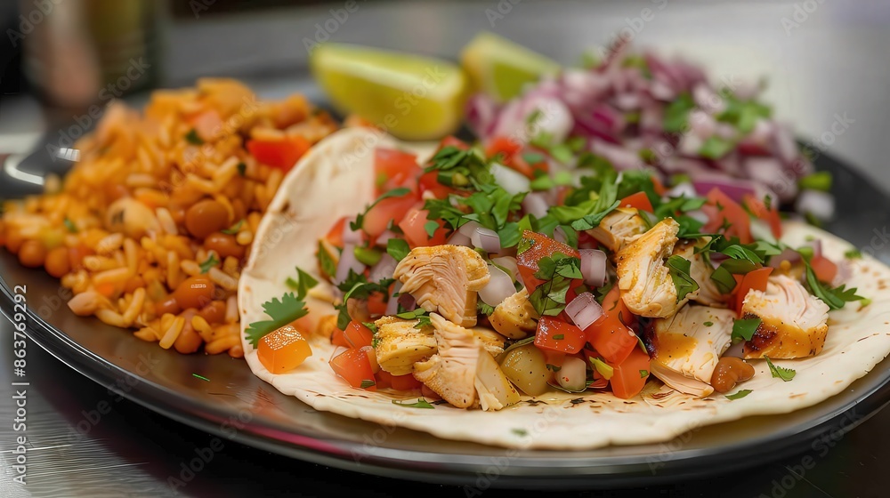 Chicken Tacos with Rice and Beans on Plate Chicken Tacos with Rice and Beans on Plate