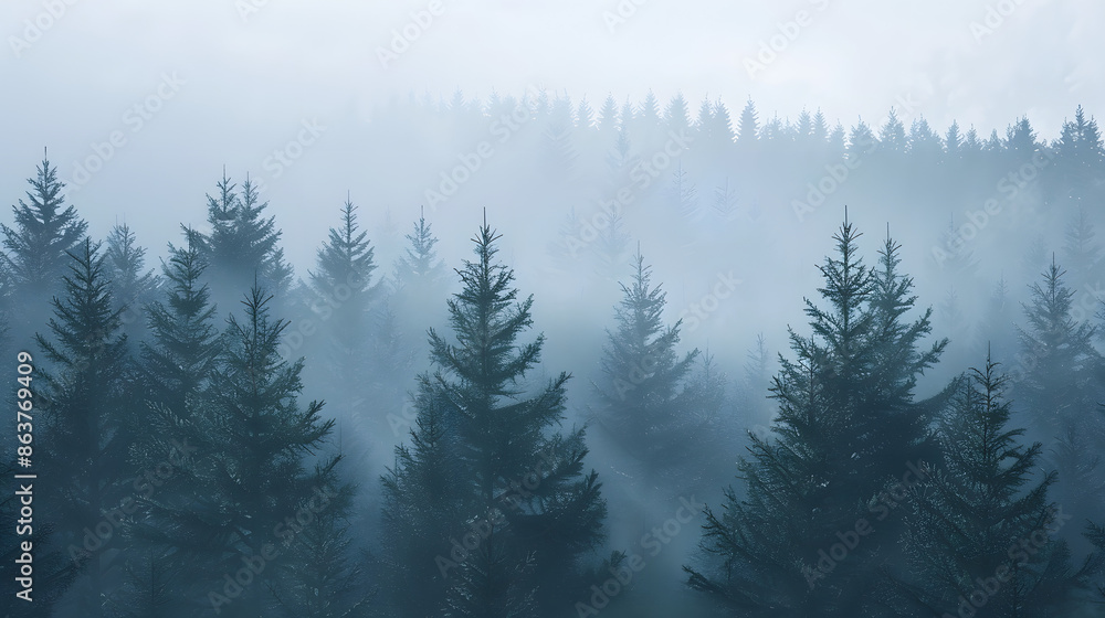 A dense pine forest enveloped in heavy fog, creating a mysterious and tranquil atmosphere perfect for nature and wilderness themes. A dense pine forest enveloped in heavy fog, creating a mysterious and tranquil atmosphere perfect for nature and wilderness themes.