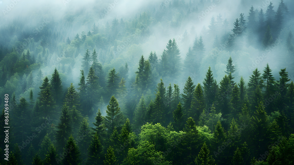 A lush evergreen forest covered in fog on a mountain slope, creating a mysterious and serene atmosphere ideal for nature and wilderness themes. A lush evergreen forest covered in fog on a mountain slope, creating a mysterious and serene atmosphere ideal for nature and wilderness themes.