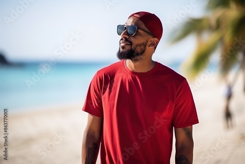 A man wearing a red shirt and sunglasses is standing on a beach