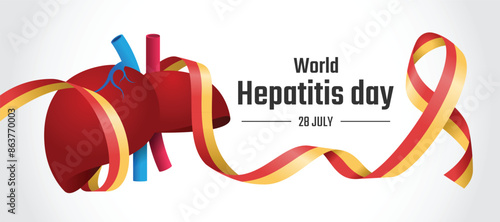 World Hepatitis Day - Long red and yellow ribbon awareness rolling around liver sign vector design