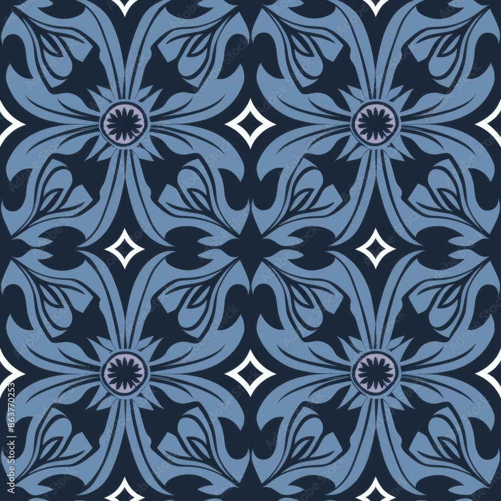 Fototapeta premium Seamless blue floral damask pattern. Elegant vintage floral background, wallpaper, textile, wrapping paper design. Victorian floral repeat pattern.