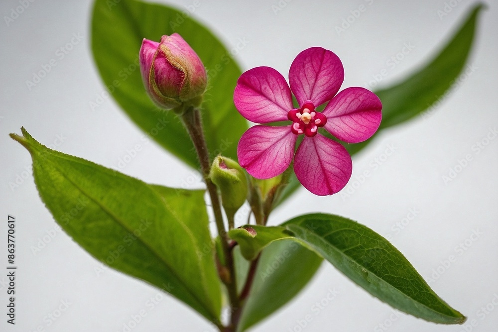 green leave and a small pink flower on a white background green leave and a small pink flower on a white background