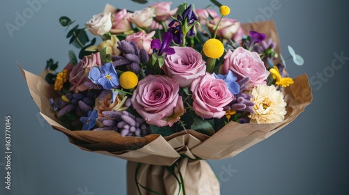 Stunning bouquet with large lilac pink roses iris and yellow flowers in rustic paper Perfect gift for International Women s Day photo