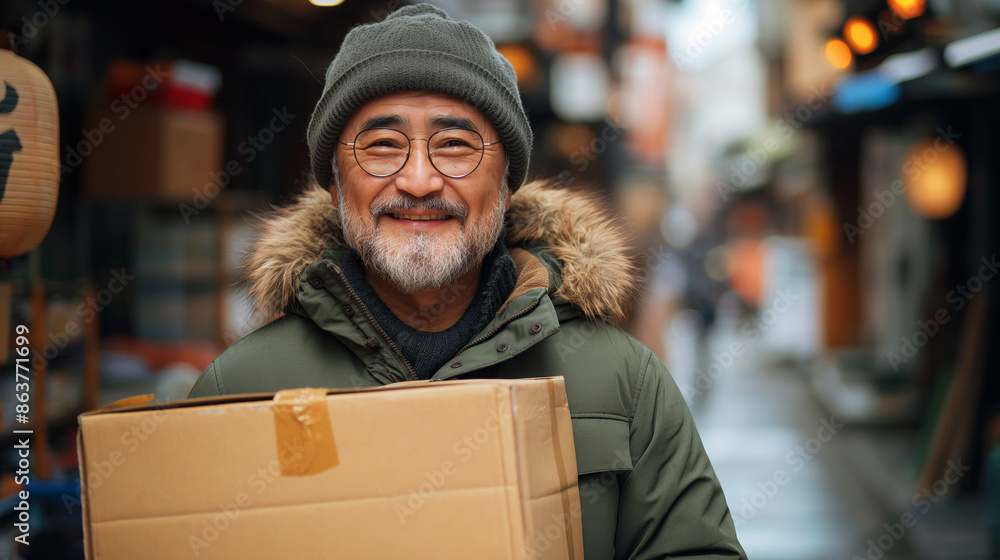 Elderly Asian courier delivers a parcel in a box on the street Elderly Asian courier delivers a parcel in a box on the street