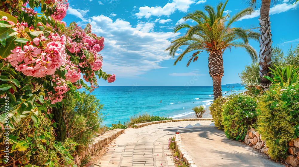 Beautiful seaside promenade and the beach in a Mediterranean resort town with palm tree, green shrub and oleander in bloom against a blue sky Beautiful seaside promenade and the beach in a Mediterranean resort town with palm tree, green shrub and oleander in bloom against a blue sky