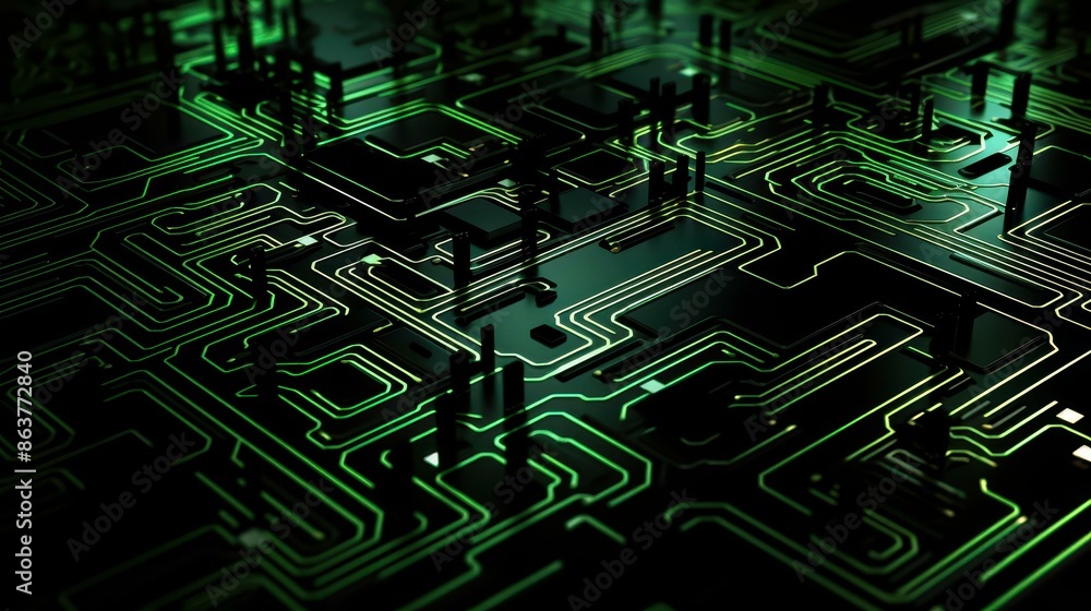 Fototapeta premium Futuristic green circuit board design showcasing minimal symmetry and sleek aesthetics.