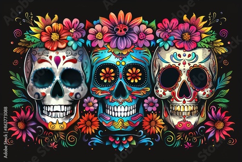 Day of the dead beautiful colorful illustration, sugar skull decorated with flowers