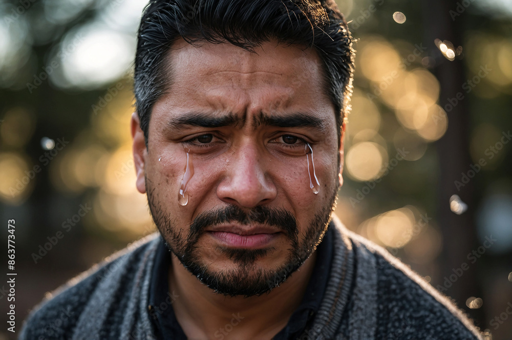 Portrait of hispanic man crying tears, sad looking depressed outdoors Portrait of hispanic man crying tears, sad looking depressed outdoors