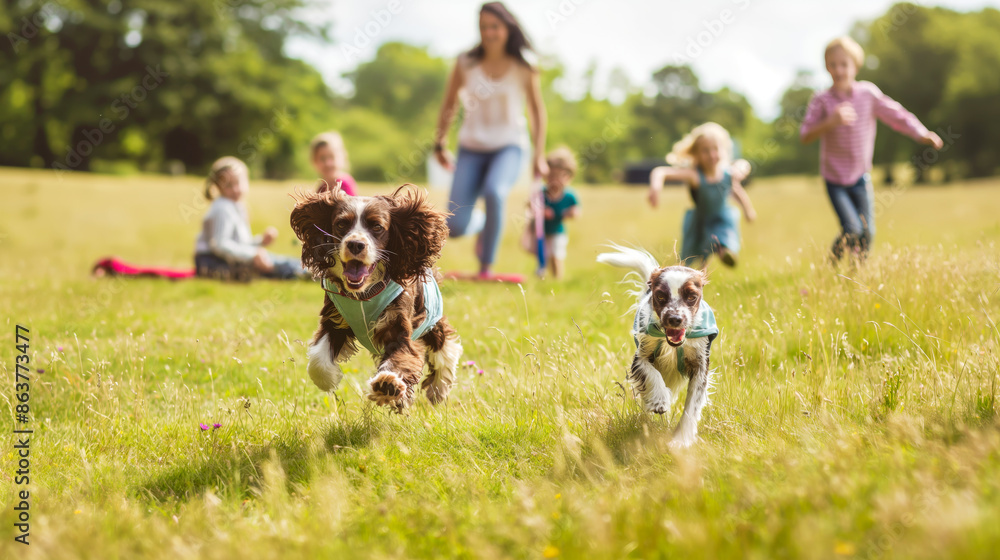 Obraz premium Family picnic day out where children are seen running around with their fluffy spaniel in an open meadow field.