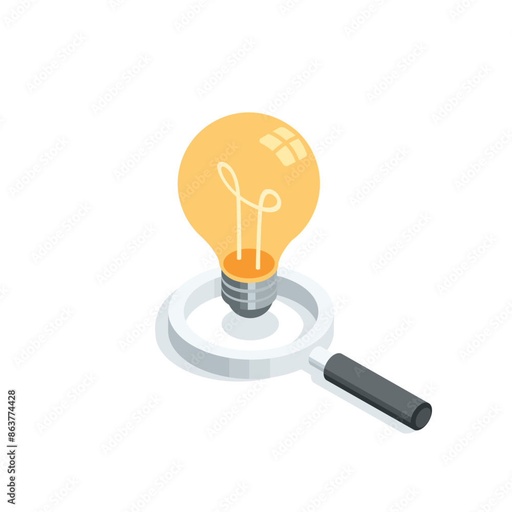 isometric vector magnifying glass and light bulb, in color on a white background, searching for ideas or new solutions isometric vector magnifying glass and light bulb, in color on a white background, searching for ideas or new solutions