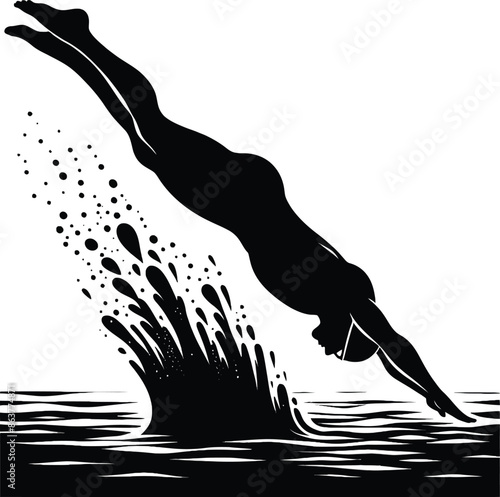 A vector silhouette of a swimmer diving into the water 