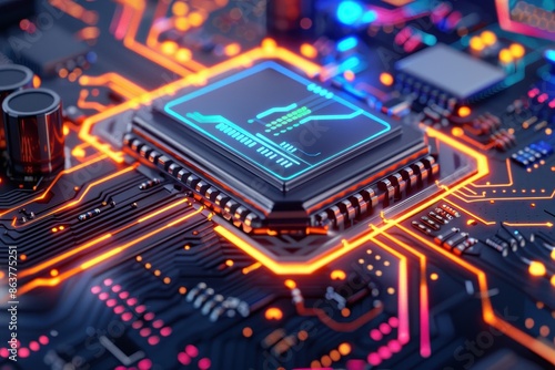 Futuristic technology background with abstract digital elements, circuit board patterns, and neon lights, ideal for tech-related projects photo
