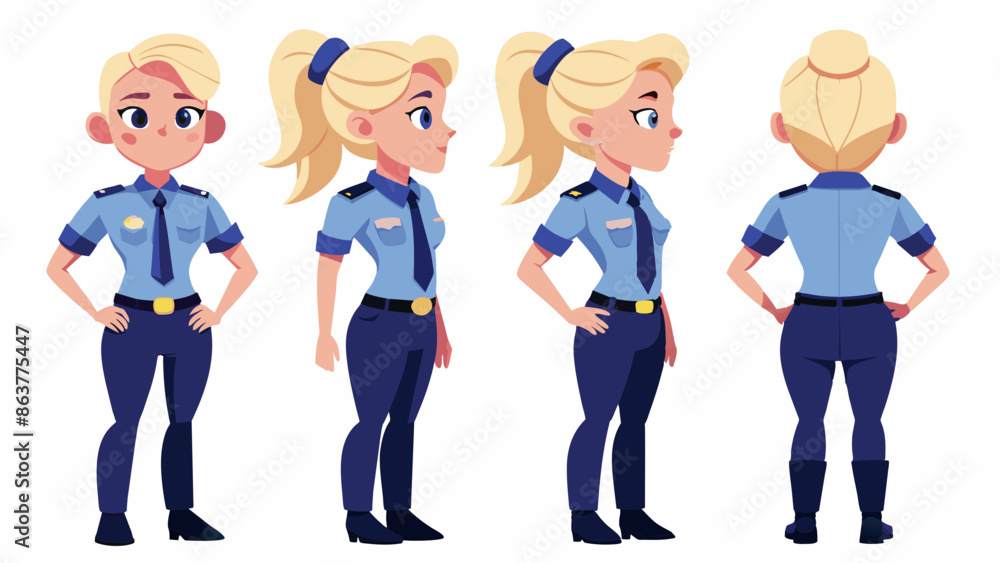 Obraz premium Professional Blonde Female Police Officer Character in Multiple Poses : Front, Side, Back Views 
