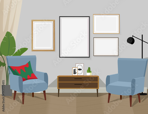 Interior with blue armchairs, photo frames on a wall and tables. Classic interior with mock-ups of paintings. Vector illustration.	