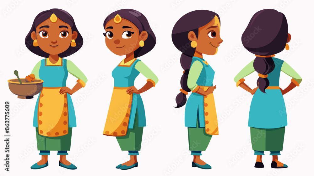 Professional Indian Female Chef Character in Multiple Poses: Front, Side, Back
Professional Indian Female Chef Character in Multiple Poses: Front, Side, Back