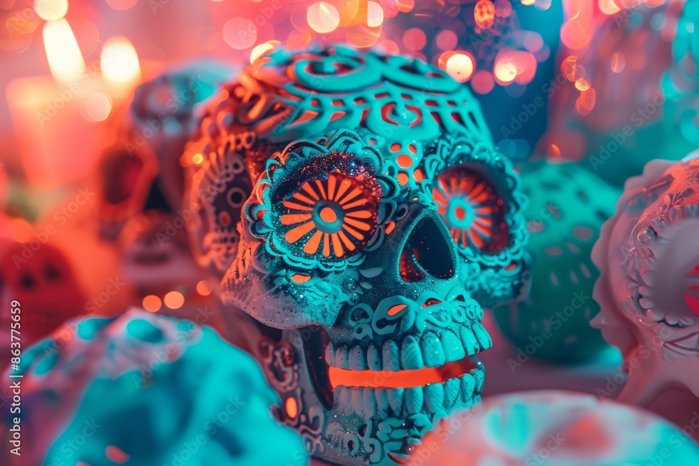 A Day Of The Dead Sugar Skull Illuminated By Festive Lights A Day Of The Dead Sugar Skull Illuminated By Festive Lights