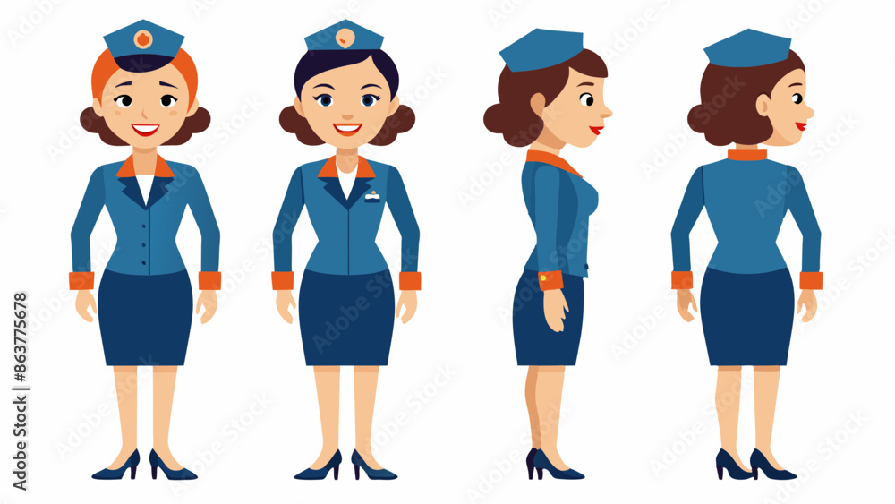 Fototapeta premium Professional Female Japanese Air Hostess Character in Multiple Poses: Front, Side, Back 