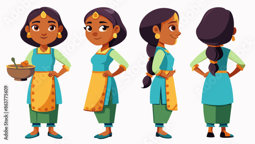 Professional Indian Female Chef Character in Multiple Poses: Front, Side, Back 